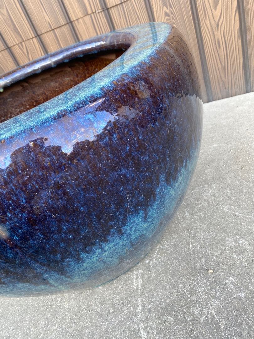 火鉢　陶器　海鼠釉　アンティーク　骨董　金魚鉢　特大　睡蓮鉢　メダカ　鉢カバー