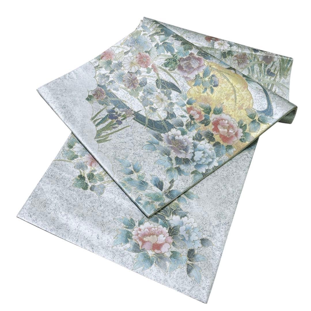 A 182袋帯 六通柄 箔　螺鈿 花草　美品 正絹 着物