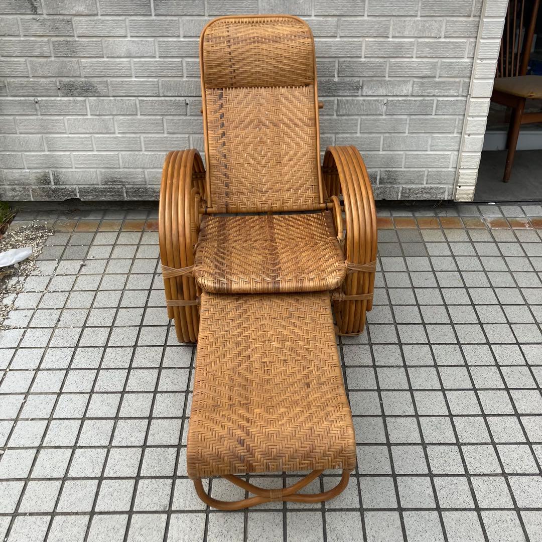 昭和レトロ ラタンリクライニングチェア オットマン付き 籐家具 1人掛けソファー