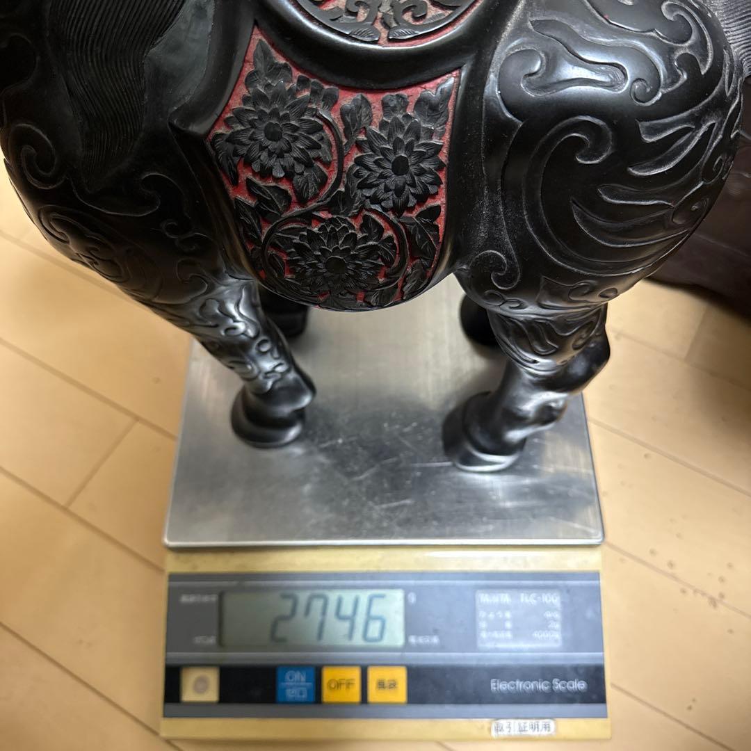 美品!堆朱堆黑馬細密彫刻縁起物置物唐物漆芸中国美術時代物古玩骨董品アンティーク