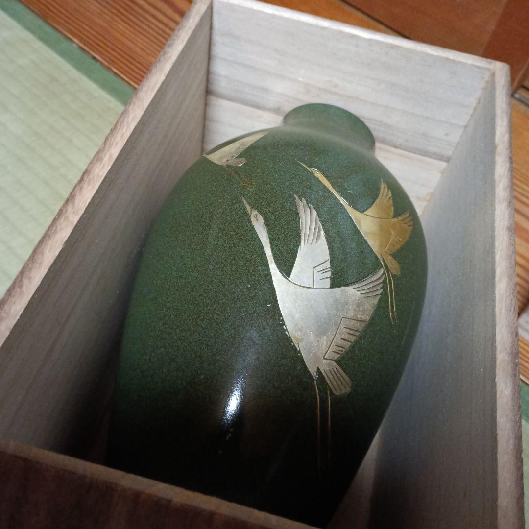 緑色の鶴模様の陶器花瓶 約29cm