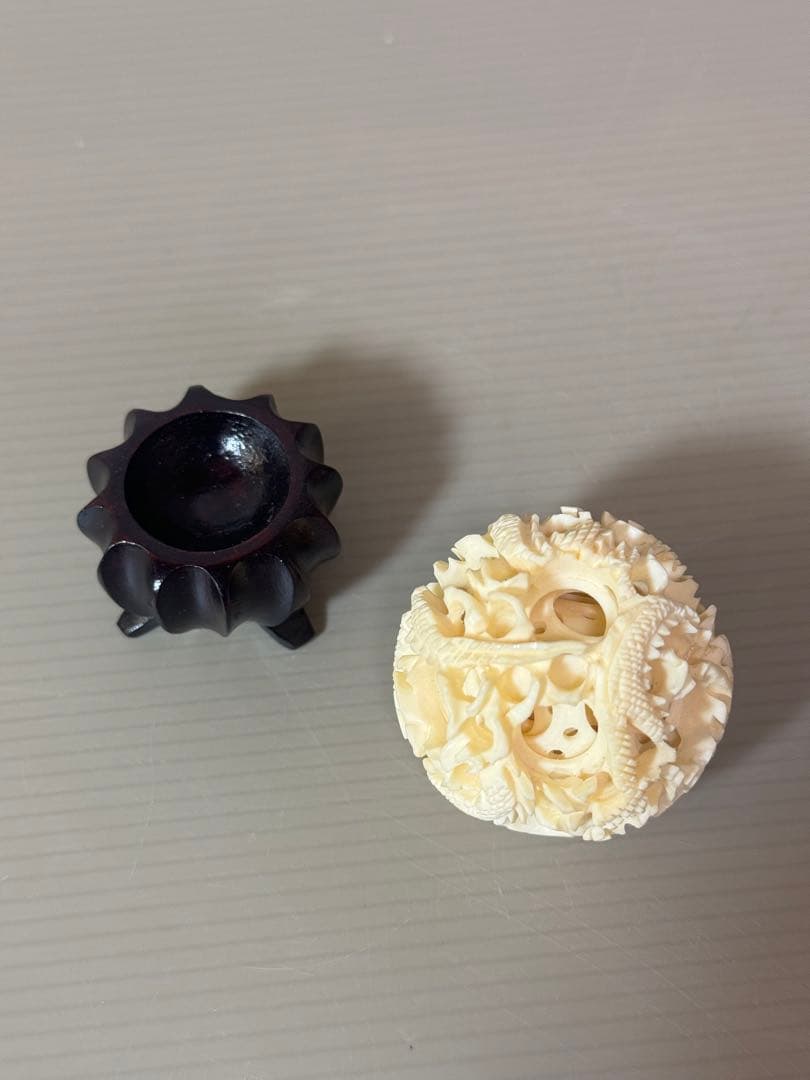 2734 中国美術 天球 多層球　台座付　龍文　置物 精密彫刻 工芸品