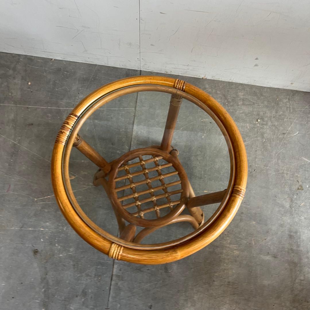 ヴィンテージ ラタン ガラス テーブル ラウンド レトロ 籐