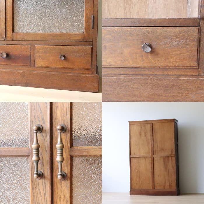 アンティーク　ダイアガラス　両開き棚　収納棚　ナラ材　古家具　レトロ　書棚