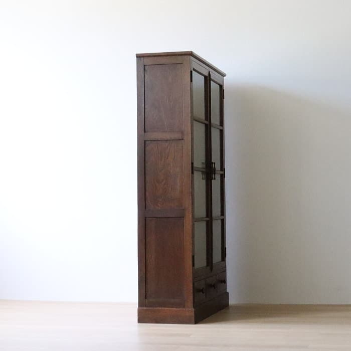 アンティーク　ダイアガラス　両開き棚　収納棚　ナラ材　古家具　レトロ　書棚
