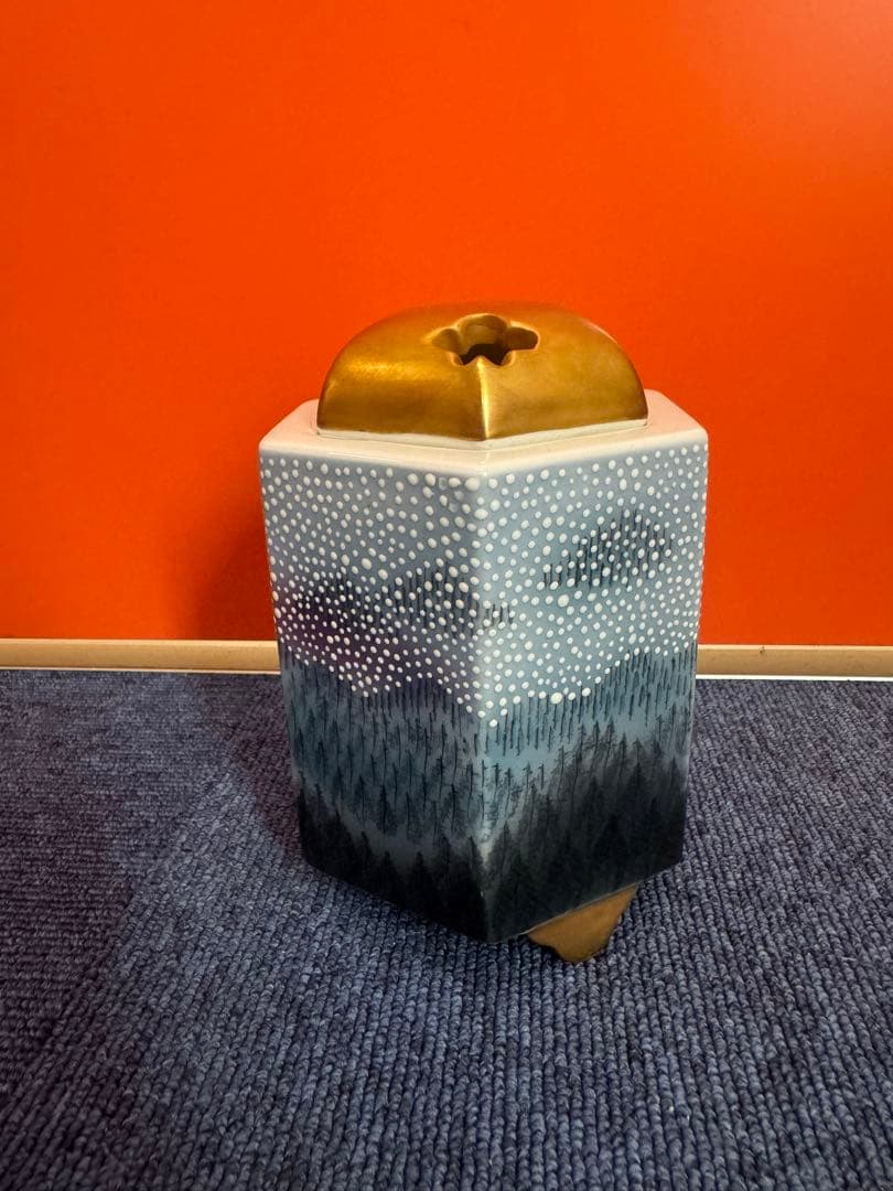 1679 有田焼 藤井朱明作 朝日雪香炉 染付樹海図細密絵付　未使用