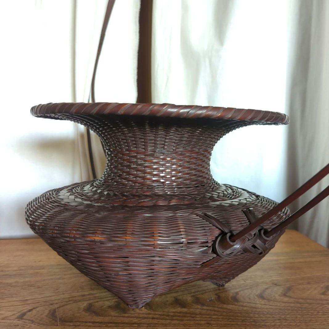 【民藝】虎竹花篭【一竜】在銘【牡丹篭】