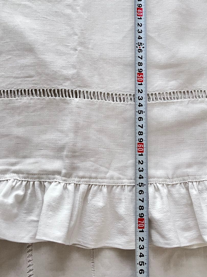 【美品】フランスアンティーク BR手刺繍 ホワイトフリルカフェカーテン 3374