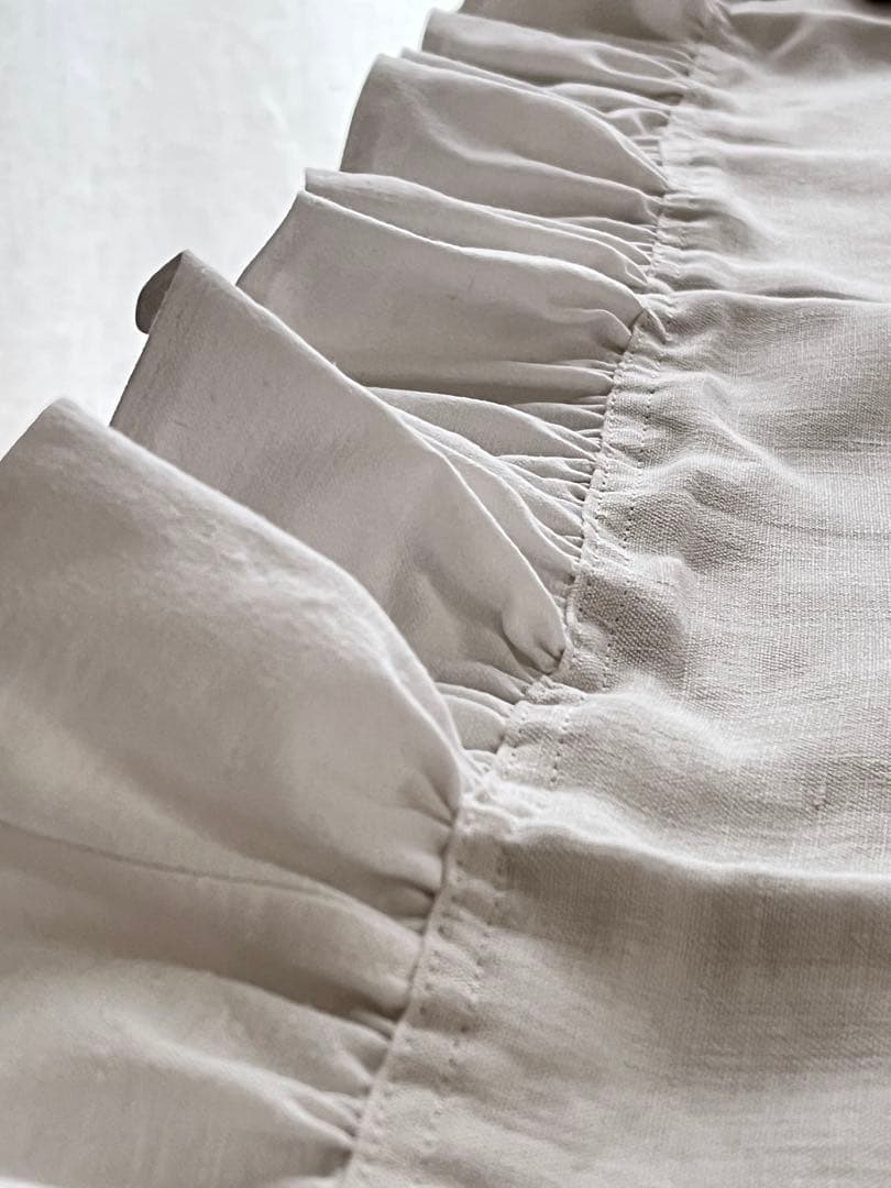 【美品】フランスアンティーク BR手刺繍 ホワイトフリルカフェカーテン 3374