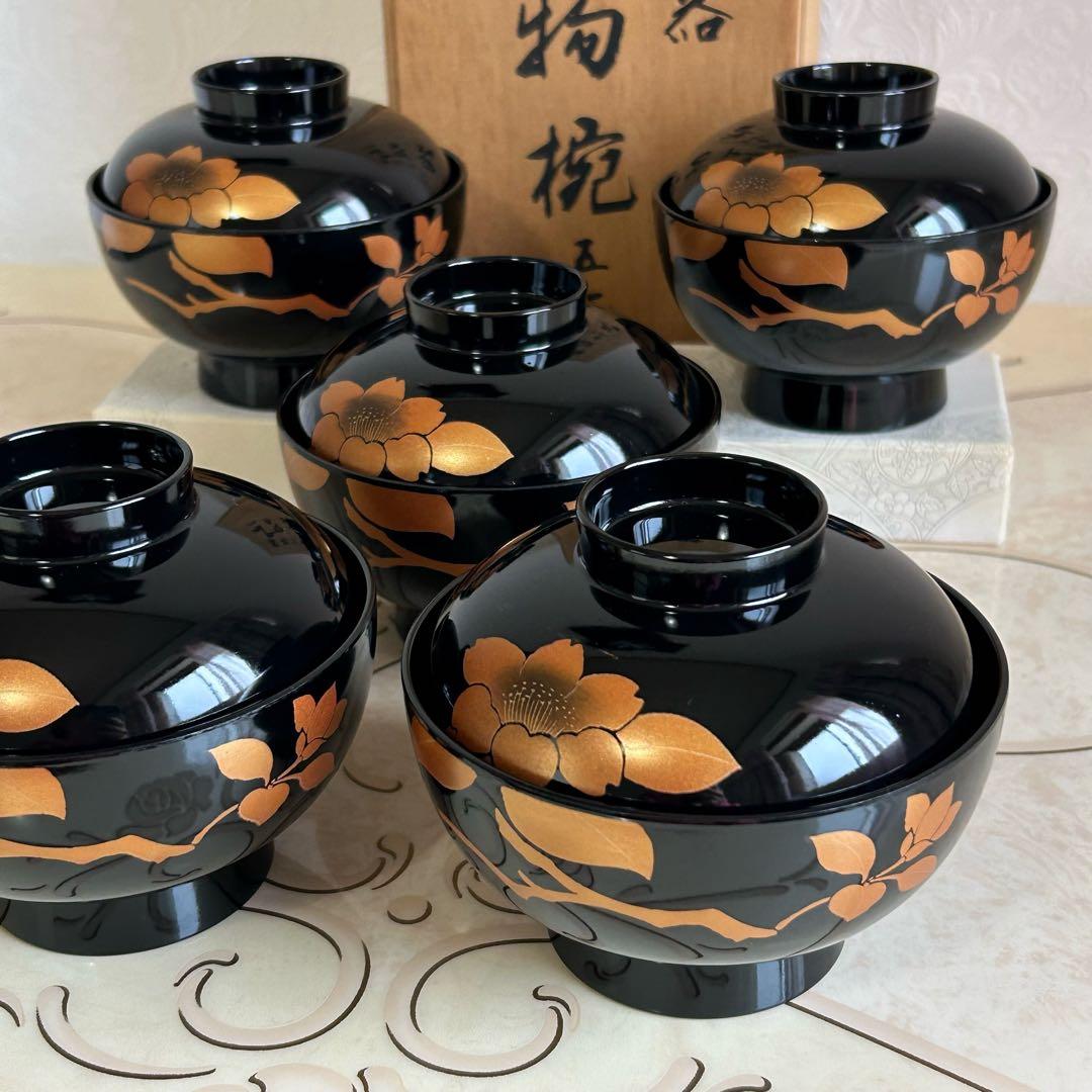 会津塗　特選品　金彩蒔絵牡丹文　蓋付きお吸い物椀 5客セット　お椀　汁椀　雑煮椀