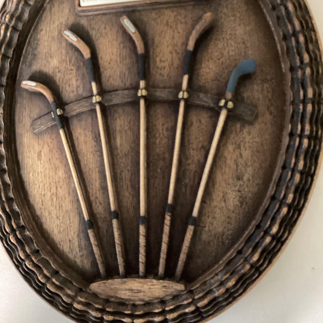 英国製アンティーク壁掛　レトロ　木製ゴルフクラブ手作り彫刻５本　ゴルフヘリテイジ