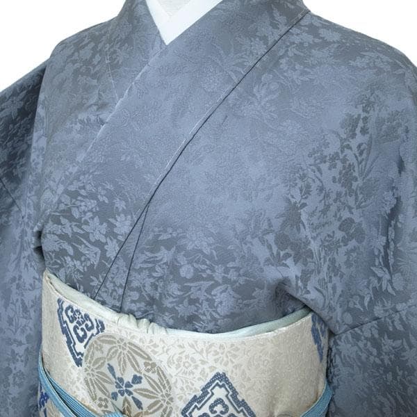 色無地 付下げ 付け下げ 着物 袷 グレー 地紋 裄68 Ｍ 中古 sn1516
