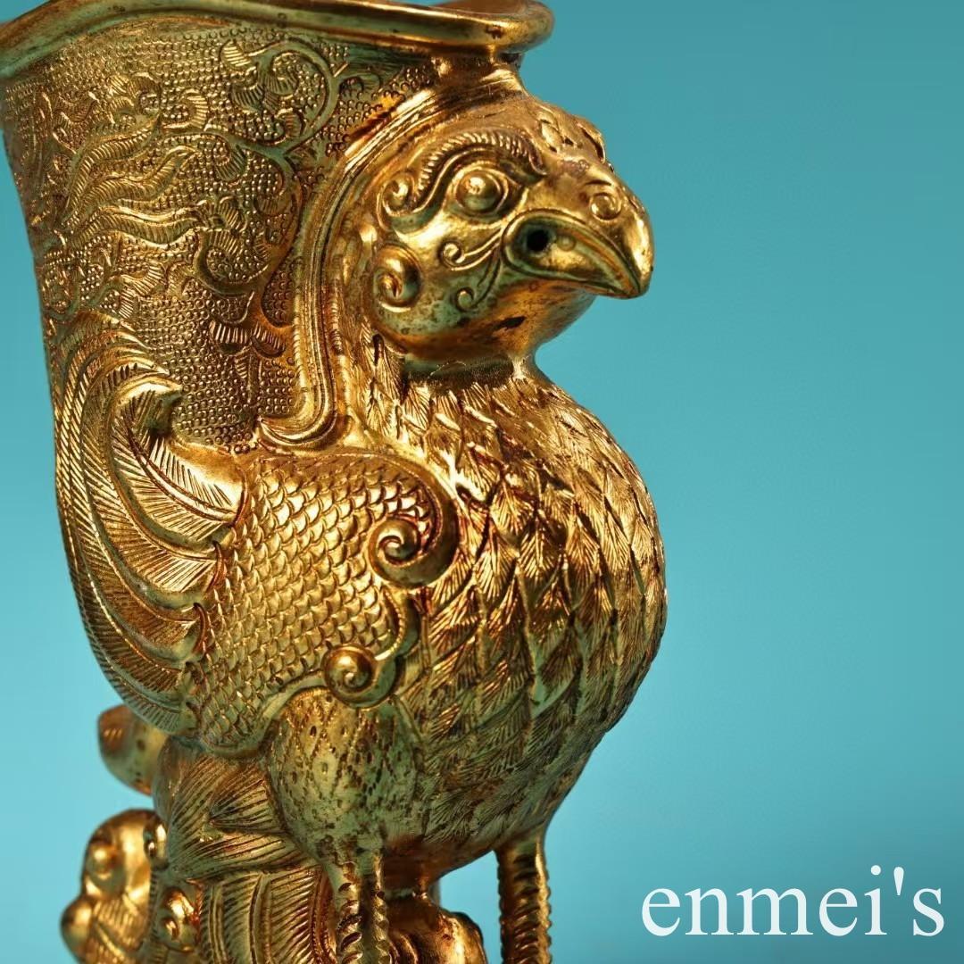 中国古美術・旧蔵高浮彫鏨刻鎏金の鳳凰酒杯セット・純銅制・手作り・酒具・風水開運