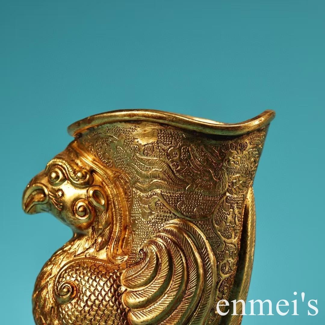 中国古美術・旧蔵高浮彫鏨刻鎏金の鳳凰酒杯セット・純銅制・手作り・酒具・風水開運