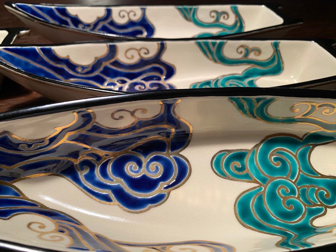 京焼向付　仁清流水舟形向付5客　新品未使用　京焼