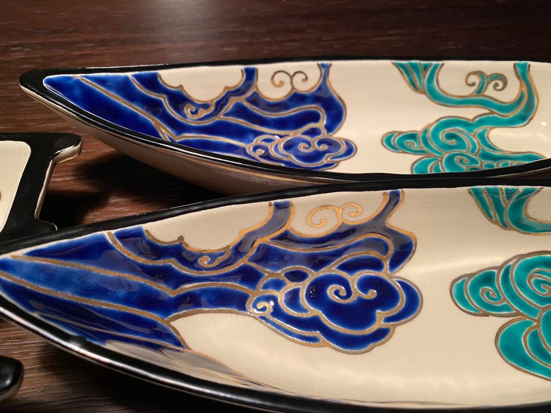 京焼向付　仁清流水舟形向付5客　新品未使用　京焼