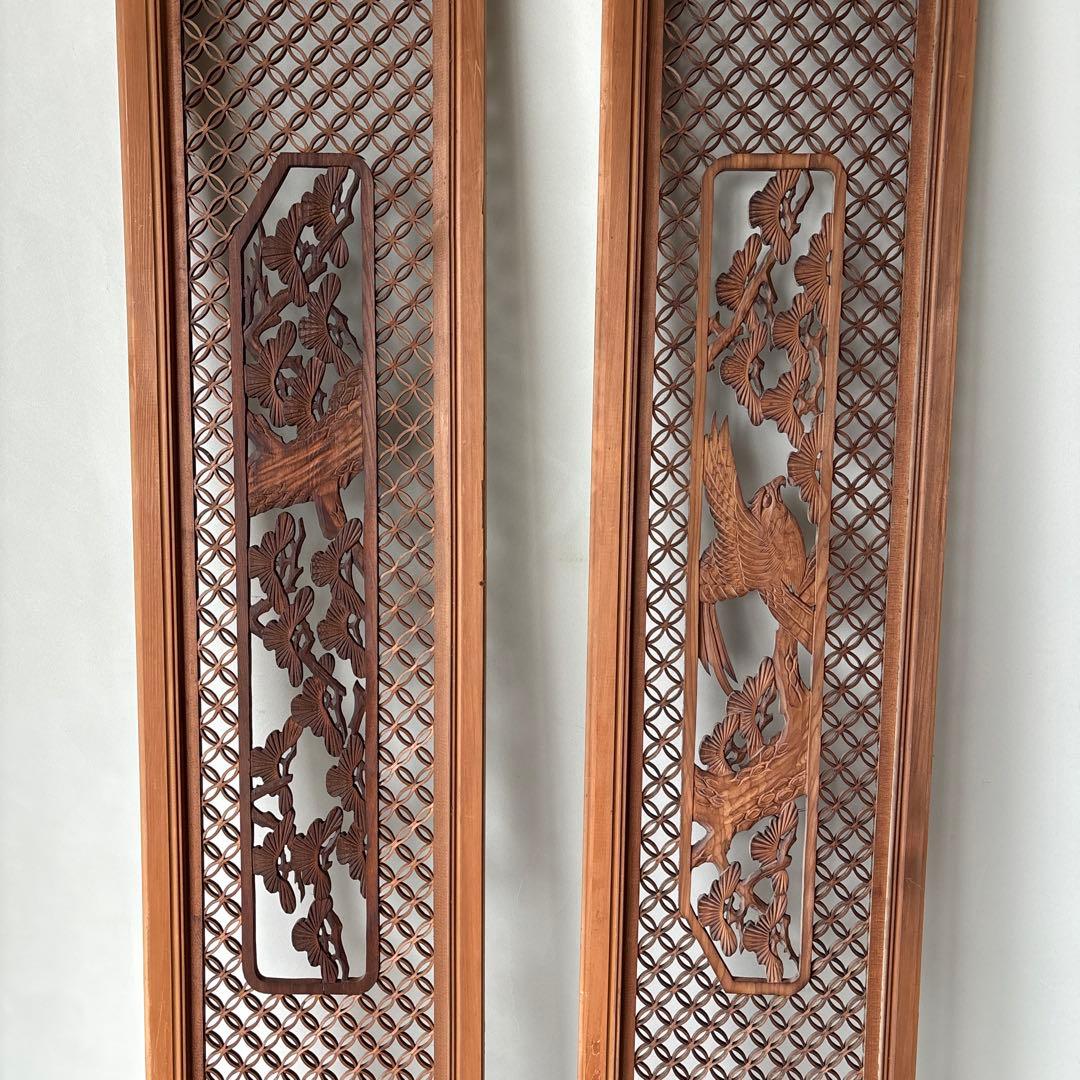 古い彫刻欄間　七宝組子　松　鷹　らんま　格子　手彫　木彫　木彫り　白木　当時物1