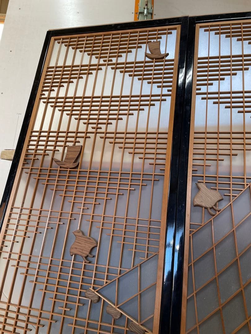 建具　書院　組み子彫刻入れ込み　干し網模様