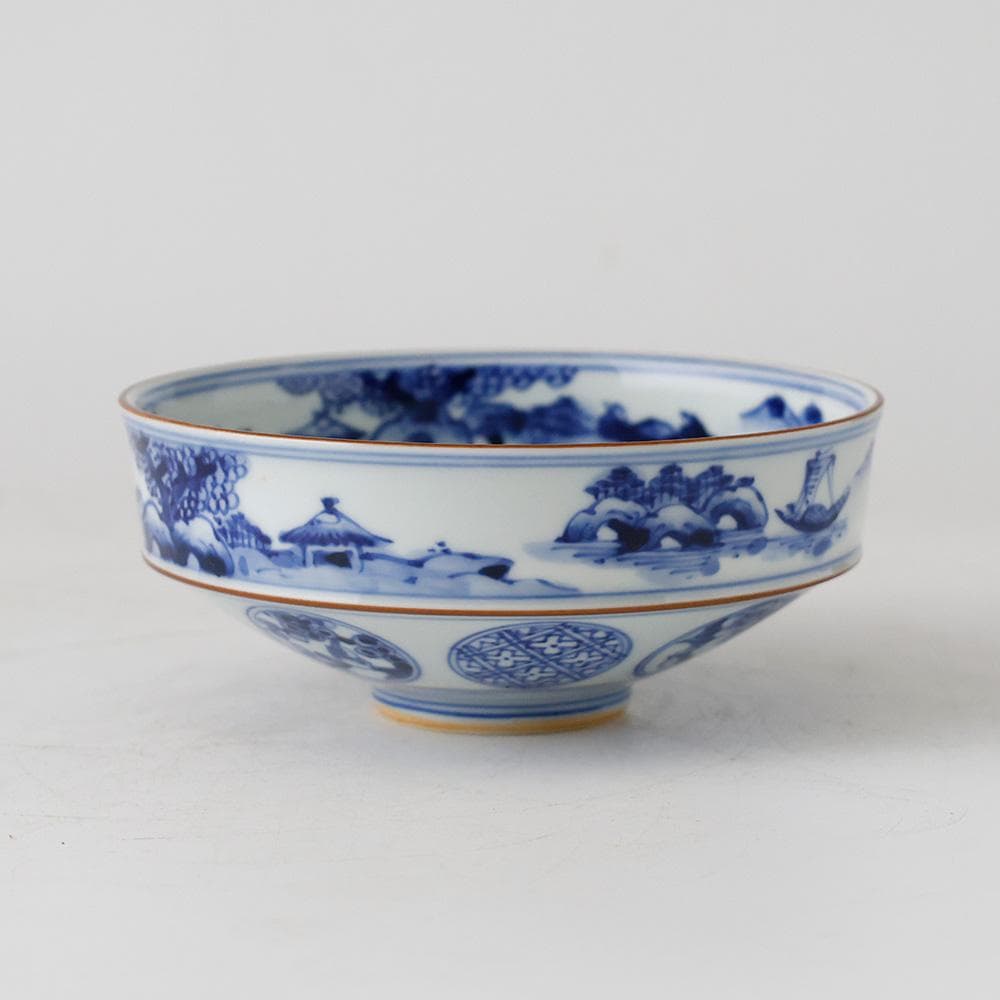 京焼 平安景雲 手塚景雲 染付丸文山水 平茶碗 共箱 黄布 茶道具 本物保証