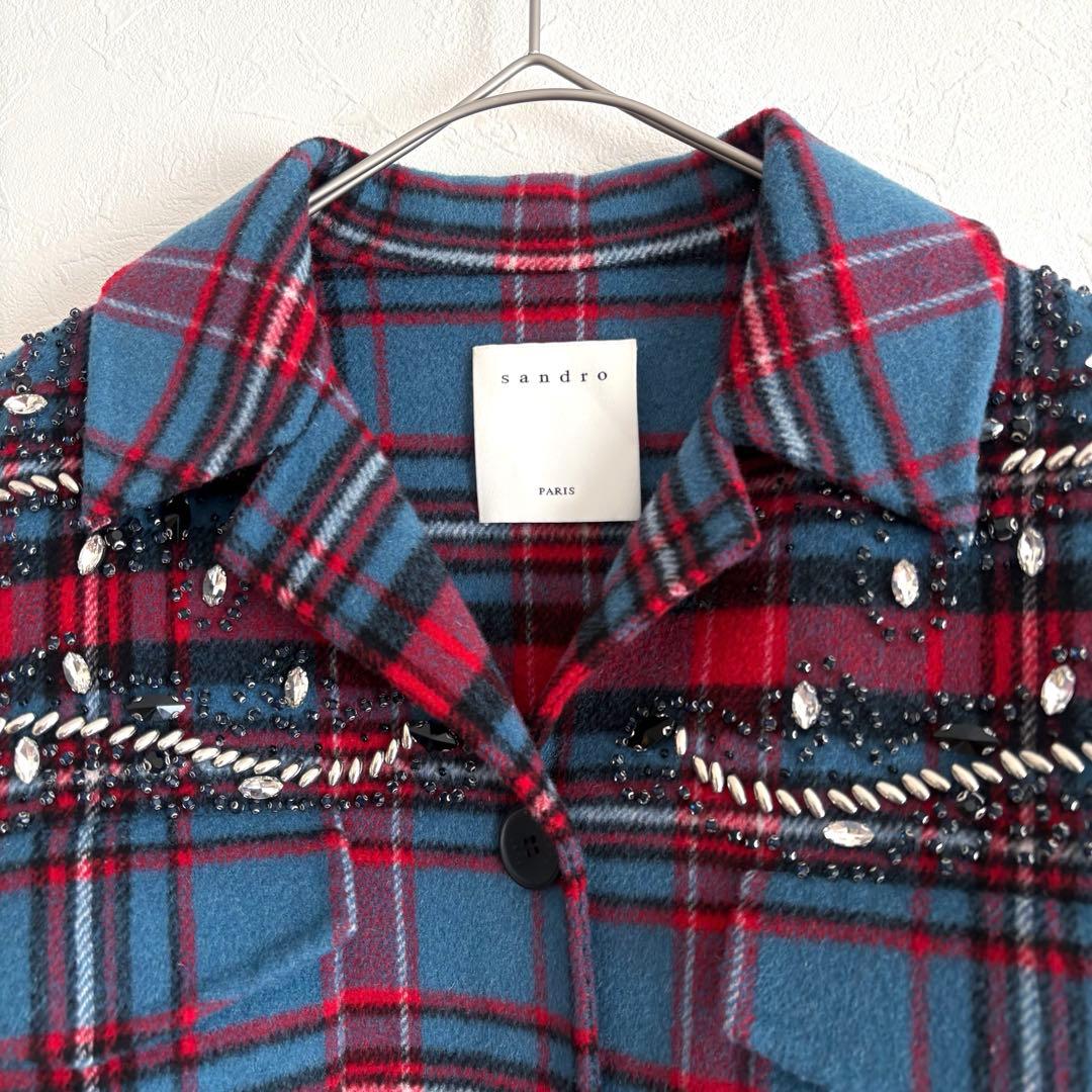 美品 sandro ビジュー装飾 チェック柄 ウールコート シャツジャケット