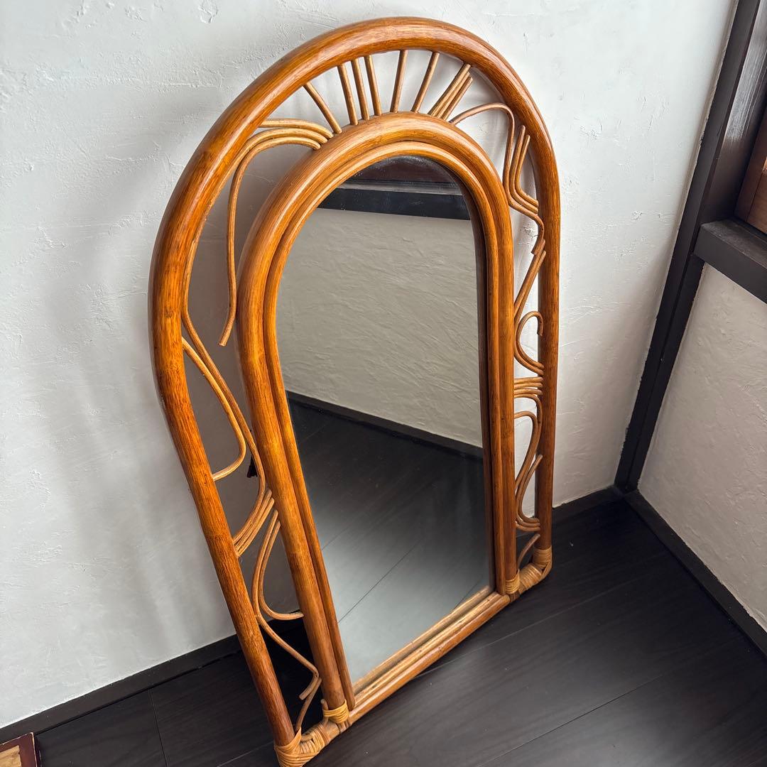 カザマ ラタン ウォールミラー 鏡 ヴィンテージ レトロ 籐 アンティーク