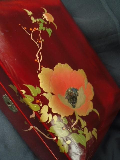 レトロ 漆器 宝石箱 オルゴール鍵 鏡 牡丹 蒔絵/昭和 木製アンティーク螺鈿
