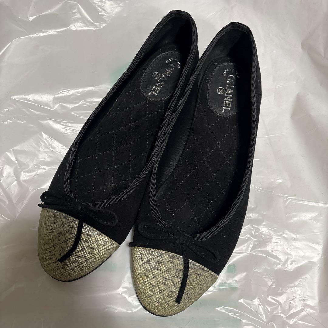 CHANEL フラットシューズ 黒/ベージュ