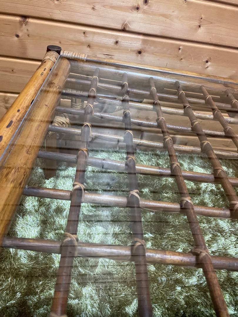 美品　ラタンガラステーブル　ラタンテーブル　ガラステーブル　センターテーブル