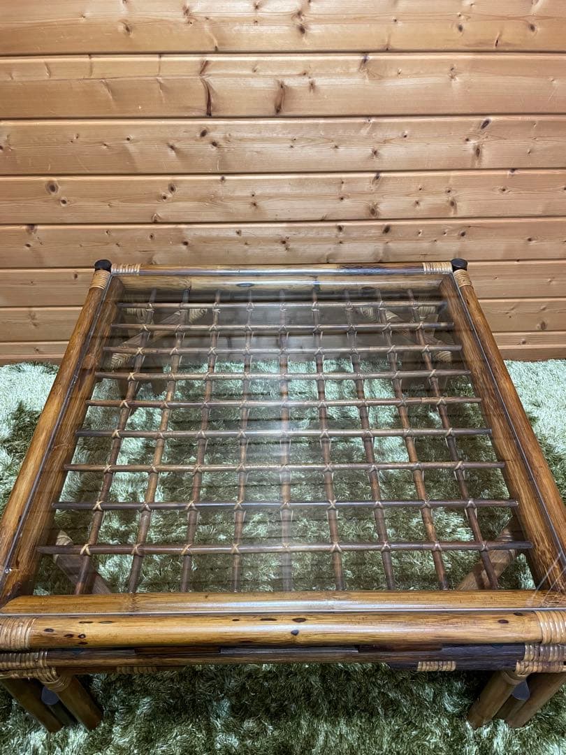 美品　ラタンガラステーブル　ラタンテーブル　ガラステーブル　センターテーブル