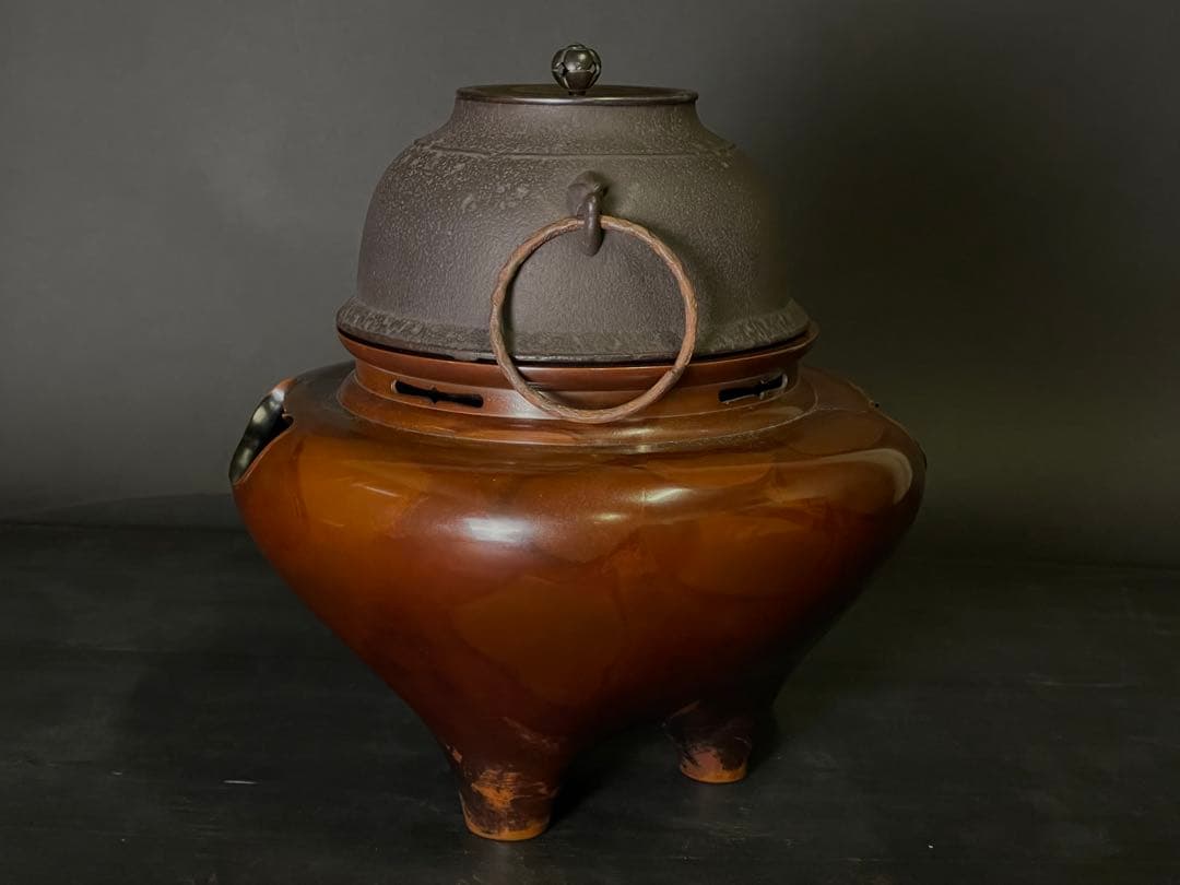 『祖』 利休好 唐銅 切合朝鮮風炉 真形釜添 畠春斎 一ノ瀬宗辰 共箱 （F⑩）