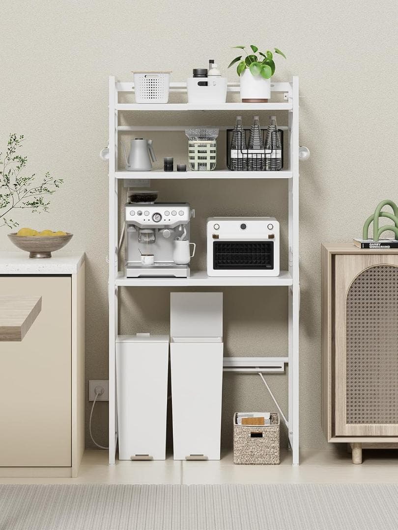 レンジ　ゴミ箱上ラック 冷蔵庫上ラック 幅50～80cm伸縮可・2口コンセント付