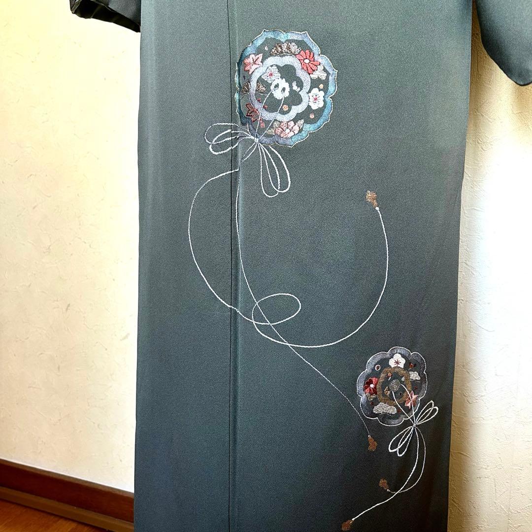 【トールサイズ】正絹 付け下げ カーキ色系 刺繍 紋無し 袷着物 ①