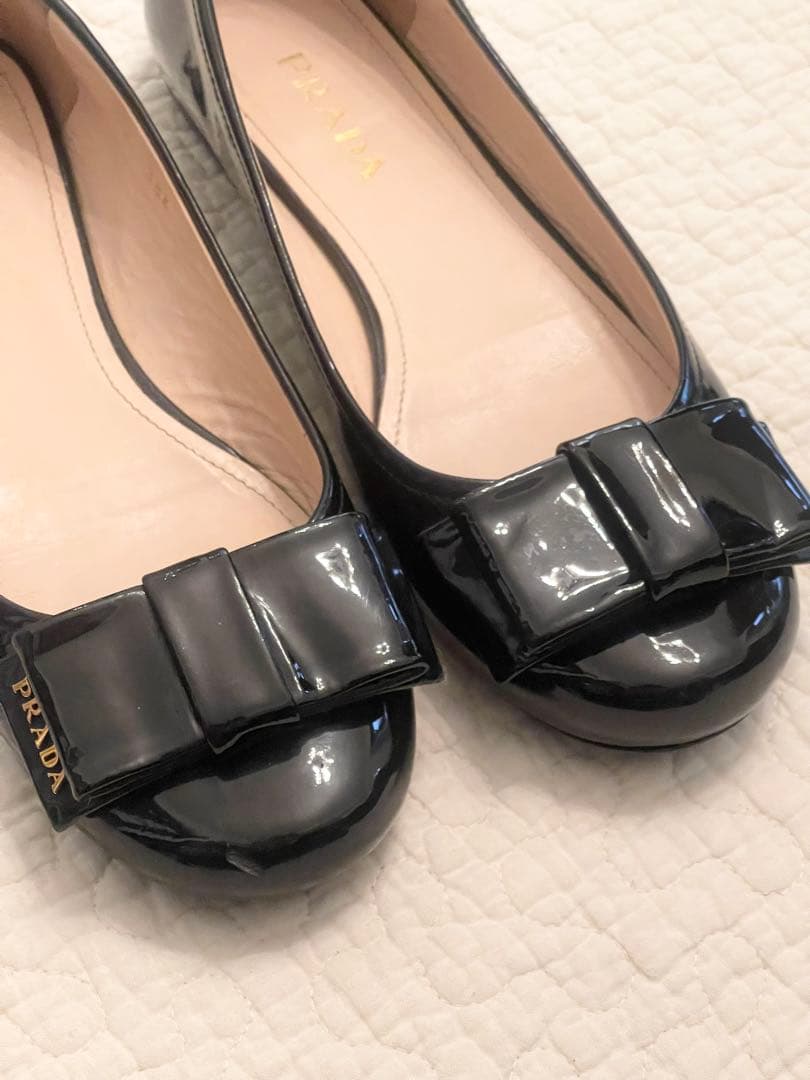 本物 PRADA ブラック フラットシューズ リボン付き38.5