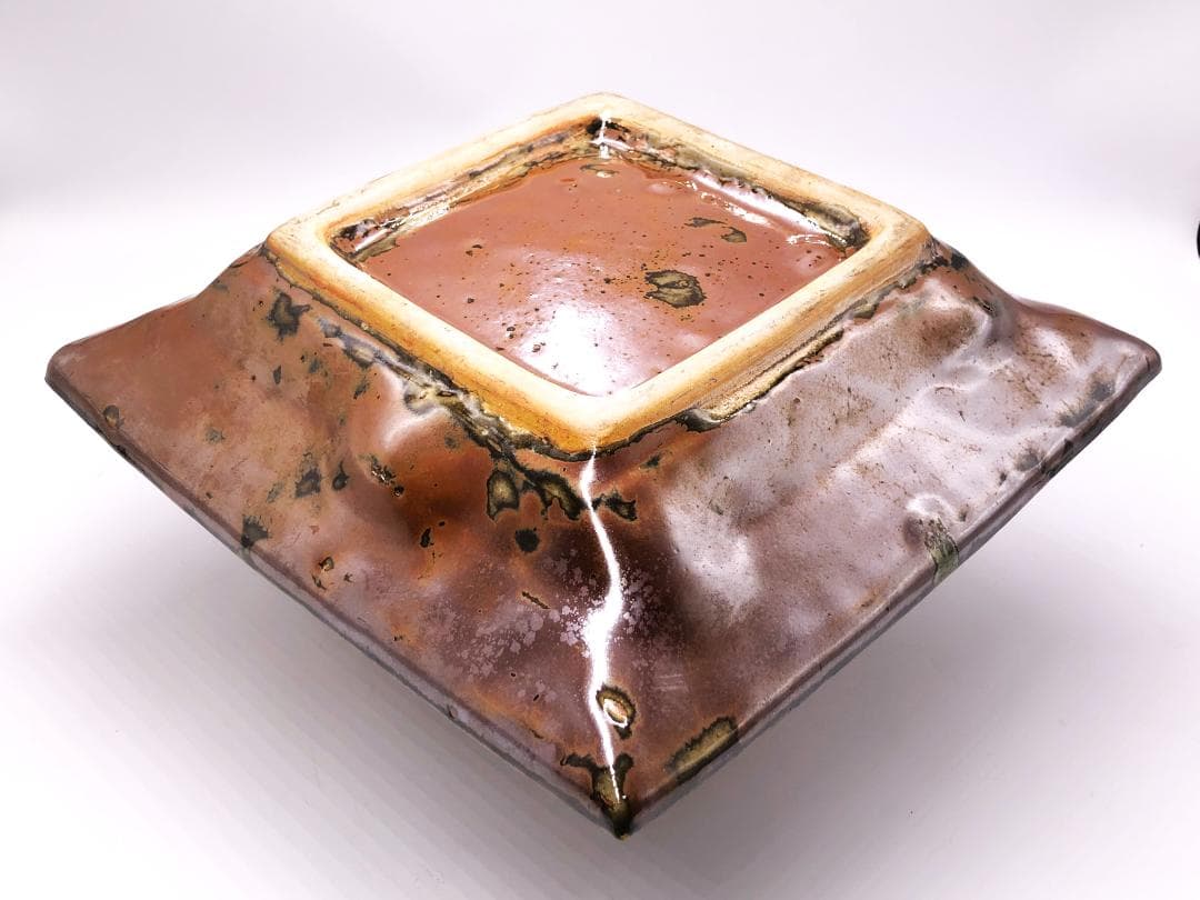 【 人間国宝 浜田庄司 】　柿釉青差角盛皿 40cm本人作　蔵出初品