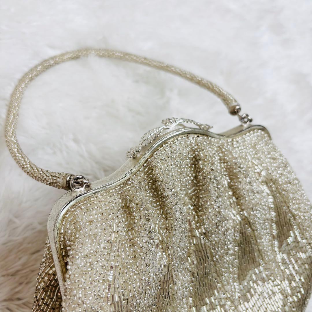 美品✨ビーズバッグ 総ビーズ 和装 パーティーバッグ がま口 シルバー
