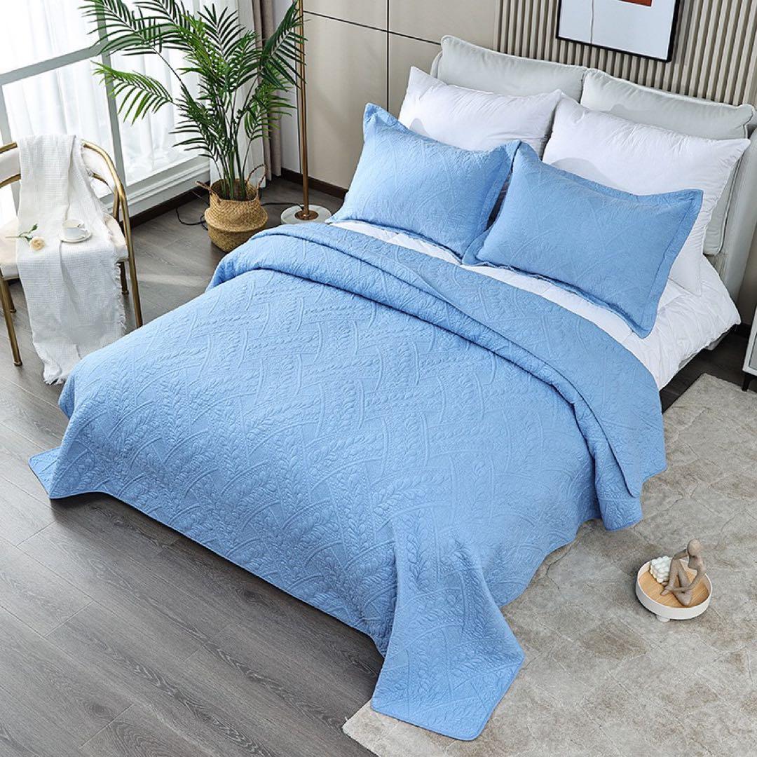キルトベッドカバー3点セット綿マルチカバー キルティング 164ブルー