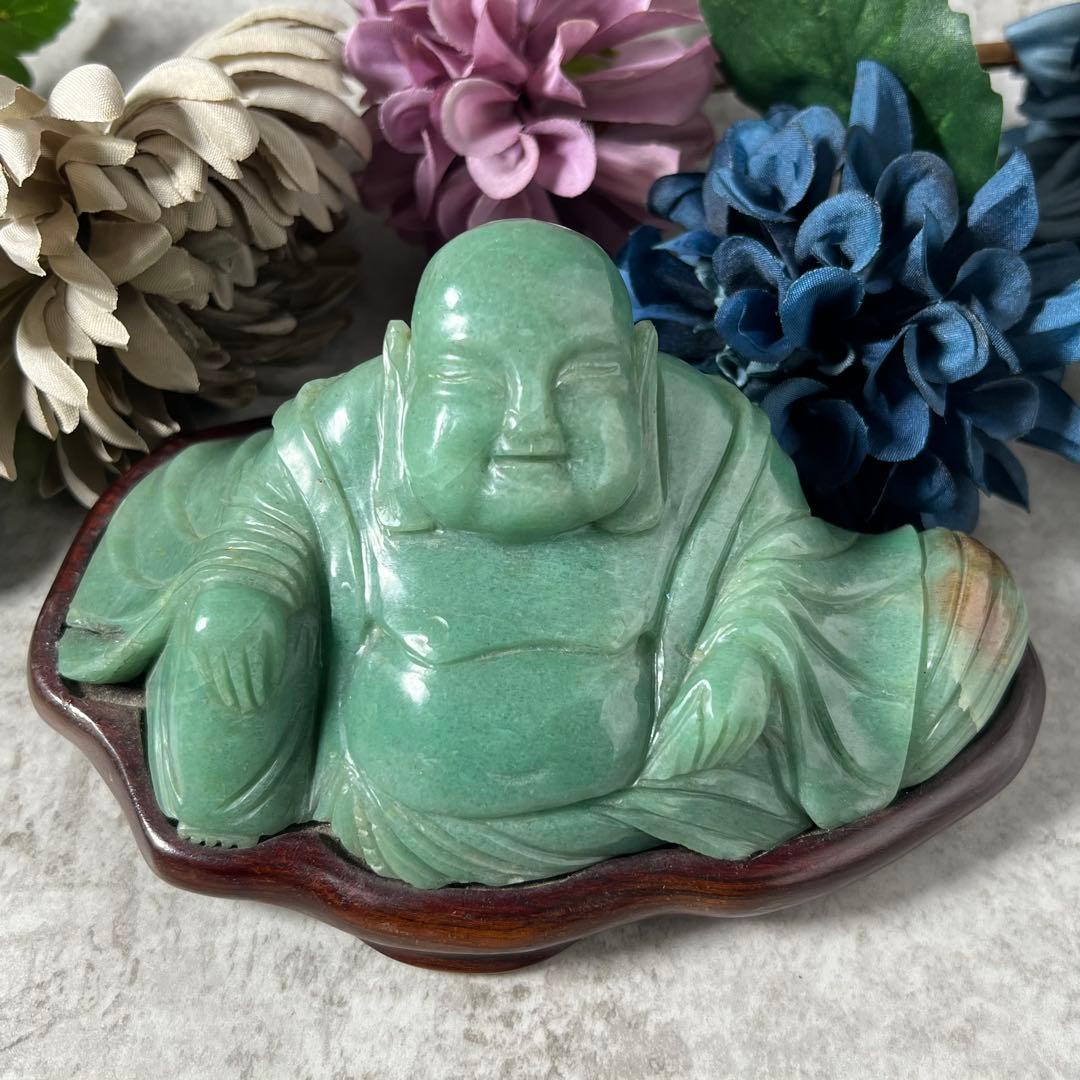 【翡翠】大型　布袋像翡翠吉祥置物　台付　中国古物　七福神