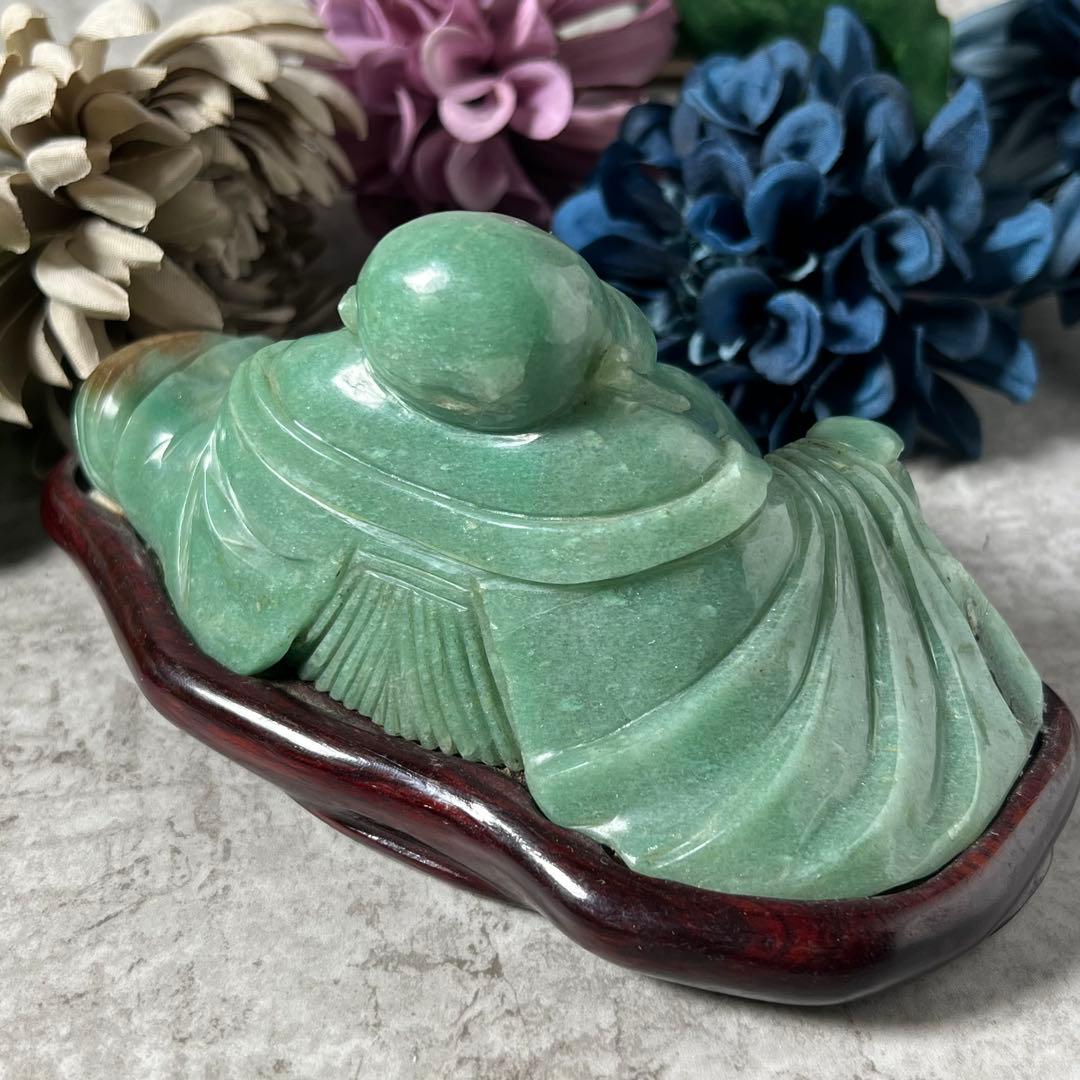 【翡翠】大型　布袋像翡翠吉祥置物　台付　中国古物　七福神