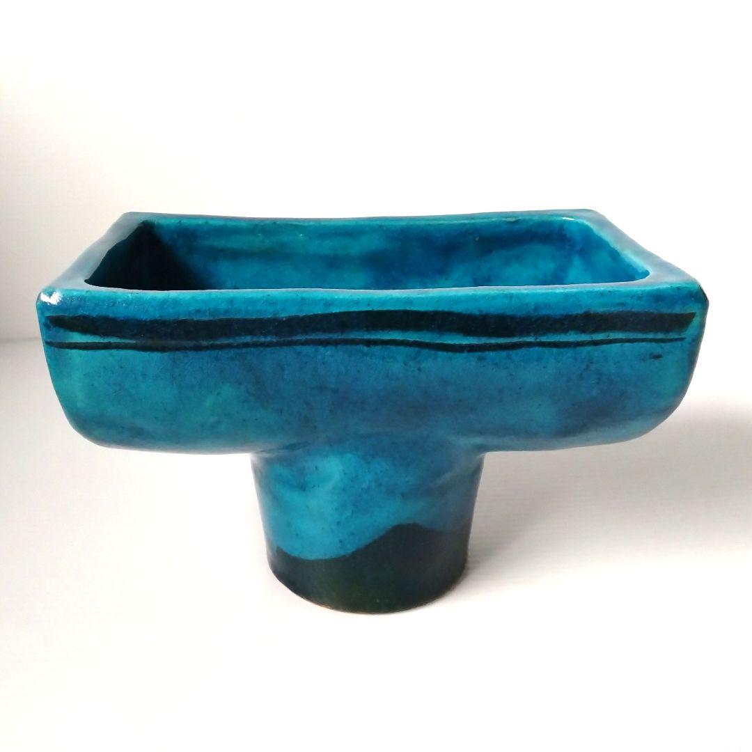 京焼 清水焼 花堂 大津寄花堂 高台 高足 花器 水盤 コンポート 草月 ブルー