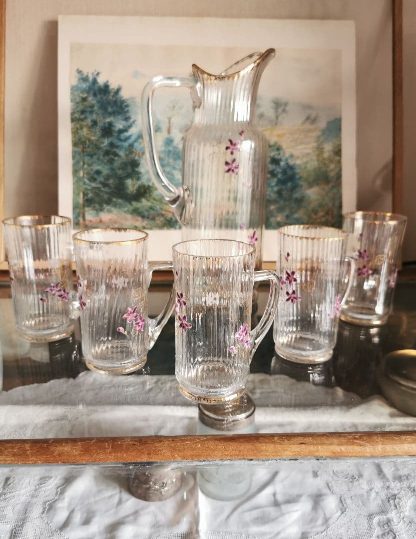 アンティーク 菫エナメル金彩 トールキャラフ＆グラス５客セット ドーム初期ガレ風