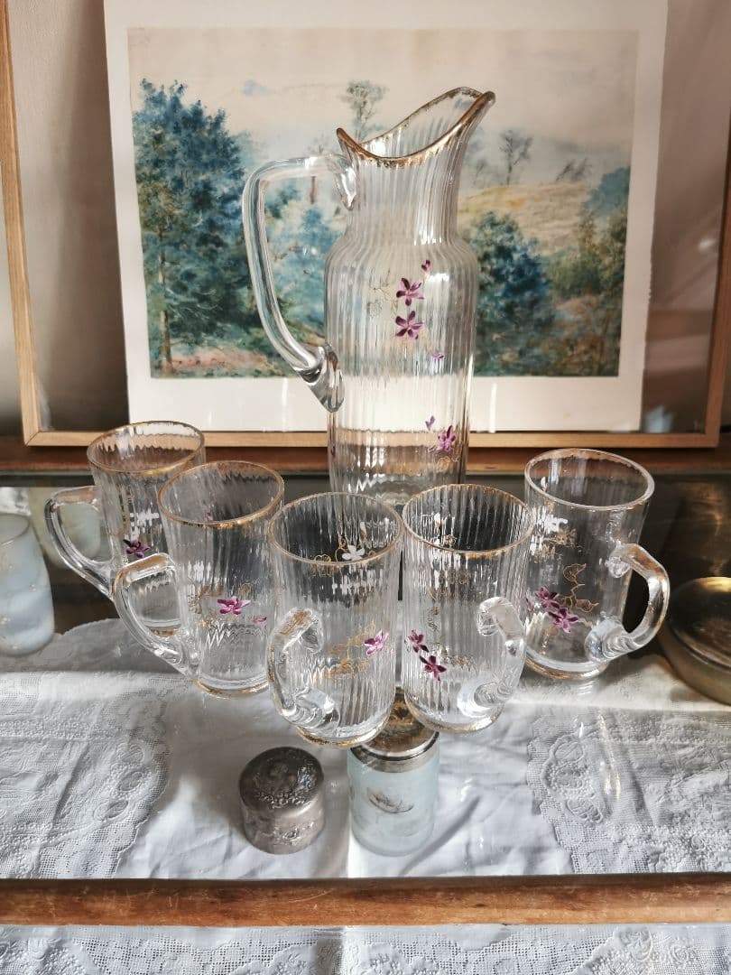 アンティーク 菫エナメル金彩 トールキャラフ＆グラス５客セット ドーム初期ガレ風