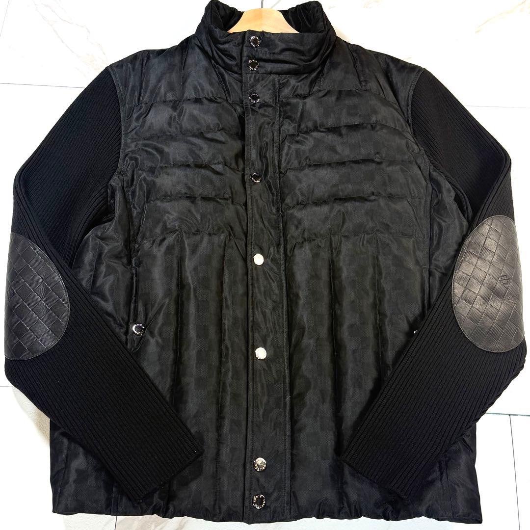 【極美品/XL】ルイヴィトン ダミエ柄 ダウンジャケット カウレザー ニット 黒