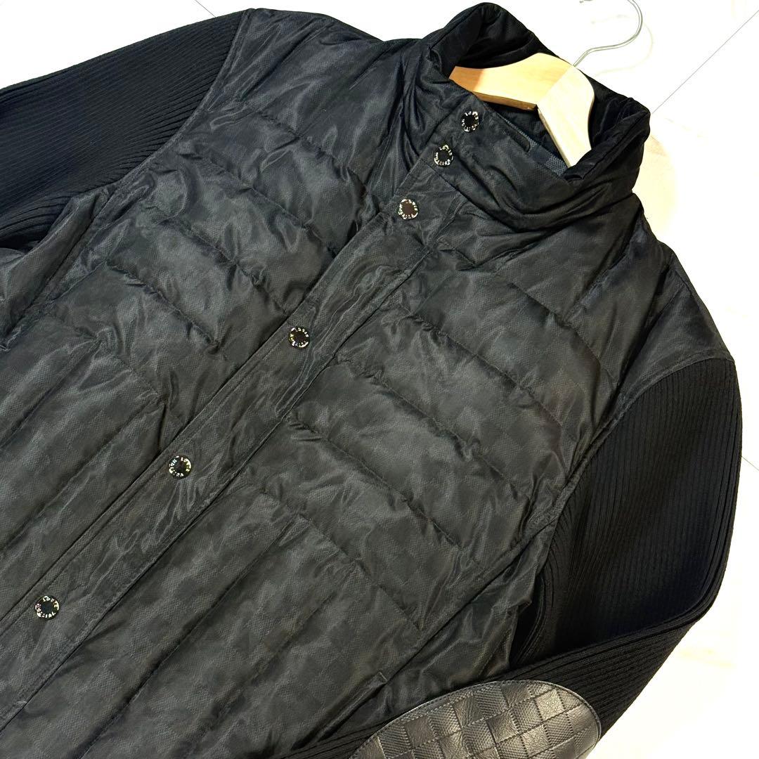 【極美品/XL】ルイヴィトン ダミエ柄 ダウンジャケット カウレザー ニット 黒