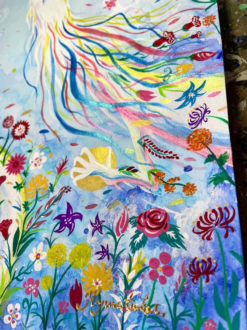 ありりん0703☆ 秋の花々と虹龍 絵画 アクリル画 開運絵画 龍ノツカイ