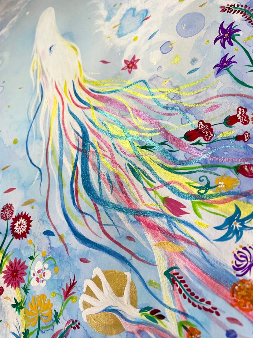 ありりん0703☆ 秋の花々と虹龍 絵画 アクリル画 開運絵画 龍ノツカイ