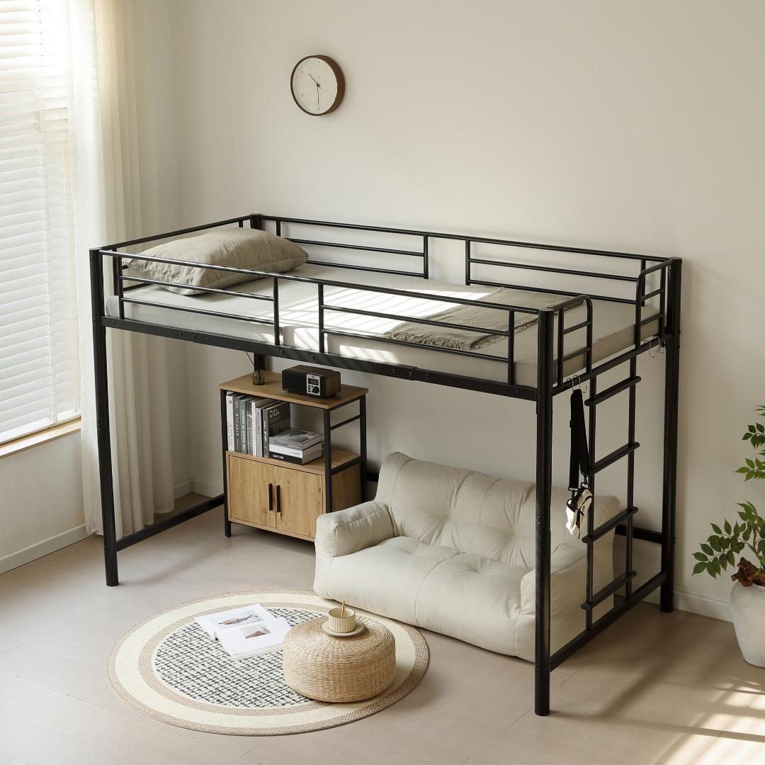 【高さ140cm】ロフトベッド パイプベッド シングル 耐荷重150 BLACK