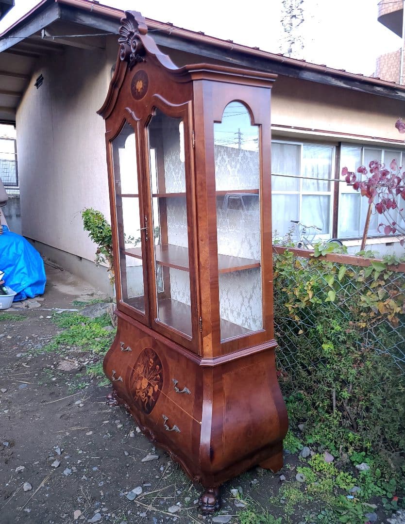 アンティーク調 ガラスキャビネット 象嵌細工 箪笥 木製 イタリア 西洋家具