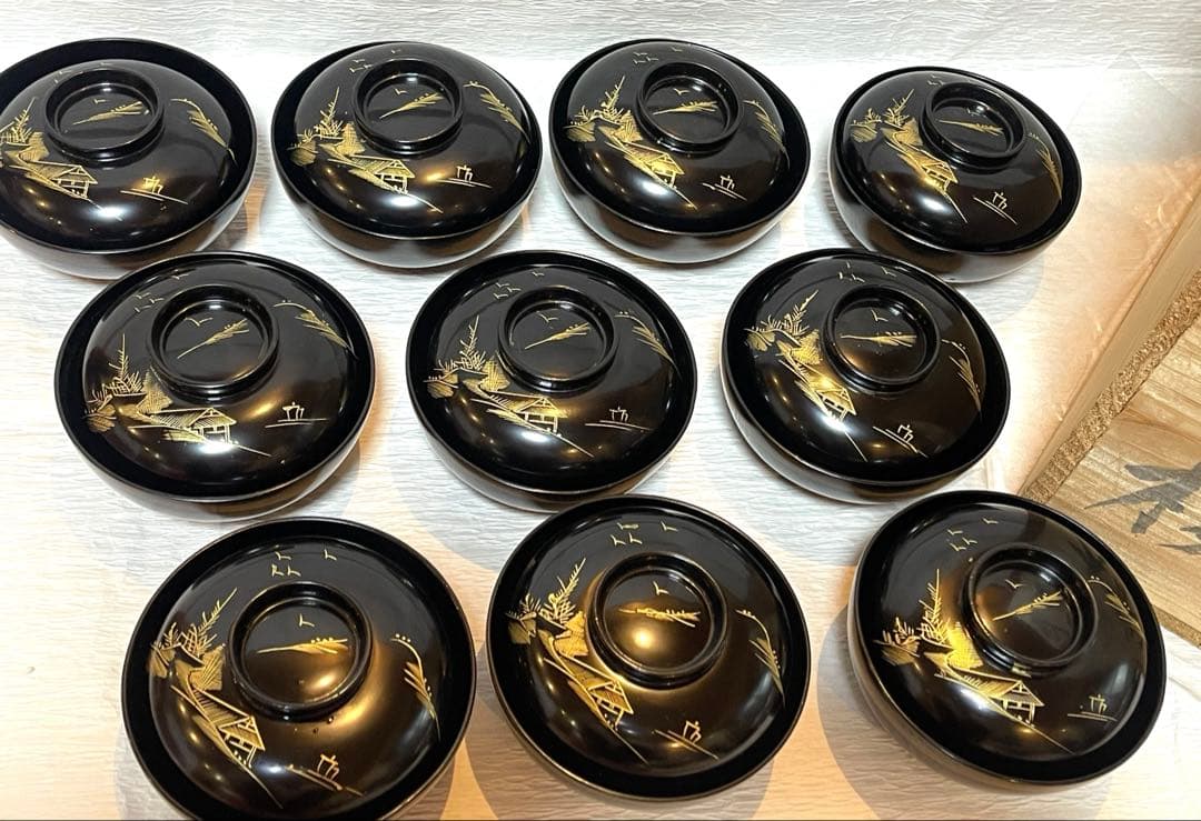 木製漆器 吸物椀 金蒔絵 骨董 時代物 アンティーク　１０客151