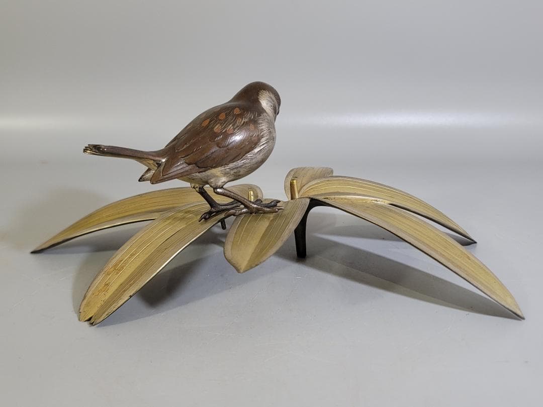 DT368 銅製 瑞雀笹 置物 共箱