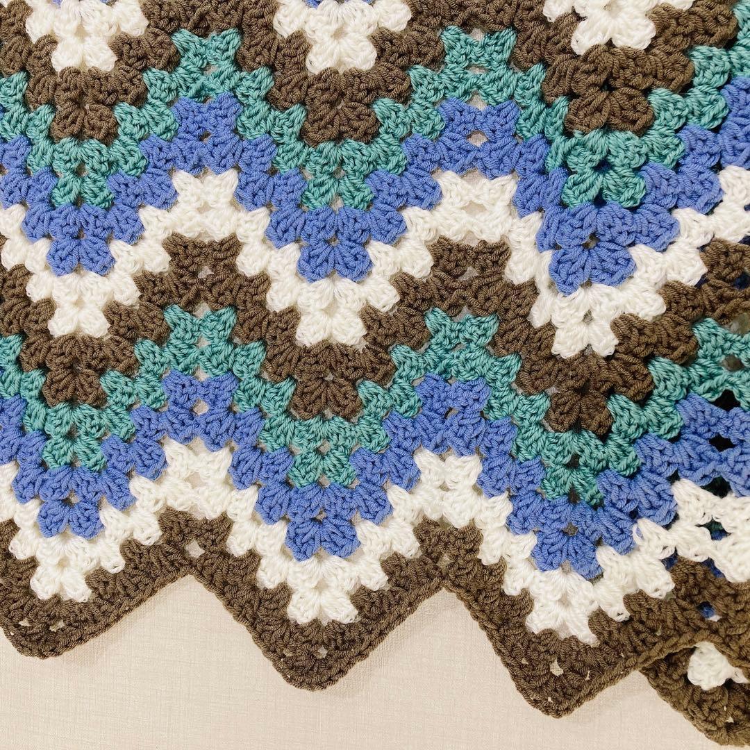 ブランケット　手編み　配色　4カラー　アースカラー　ギザギザ　シェブロン　波模様